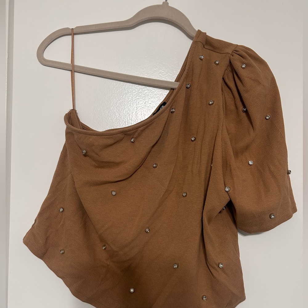 Express Brown Embellished One-Shoulder Top
